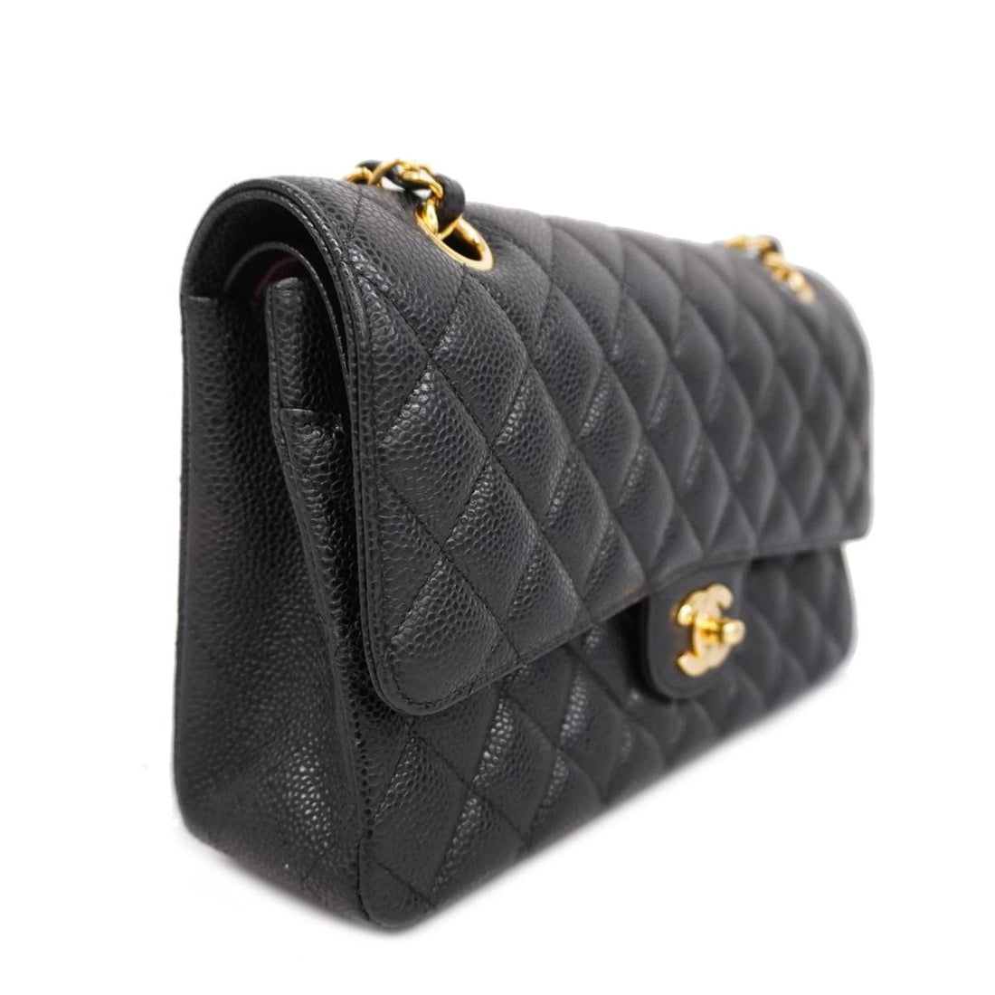 PRE-ORDER Pre-Owned Chanel Shoulder Bag Matelasse W Flap Chain Caviar Skin Black Ladies